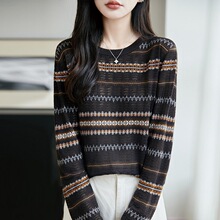 2026秋季女士羊毛针织毛衣女圆领费尔岛提花条纹长袖欧美跨境外贸