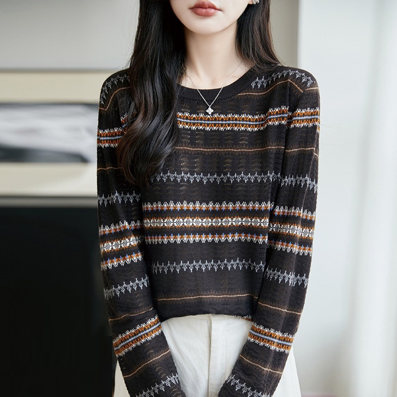 2026秋季女士羊毛针织毛衣女圆领费尔岛提花条纹长袖欧美跨境外贸