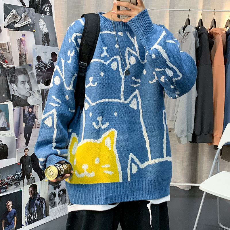 2024 Autumn and Winter New Cat Sweater Men's Loose Casual Trendy Brand Round Neck Sweater Korean Style Couple's Trendy Coat