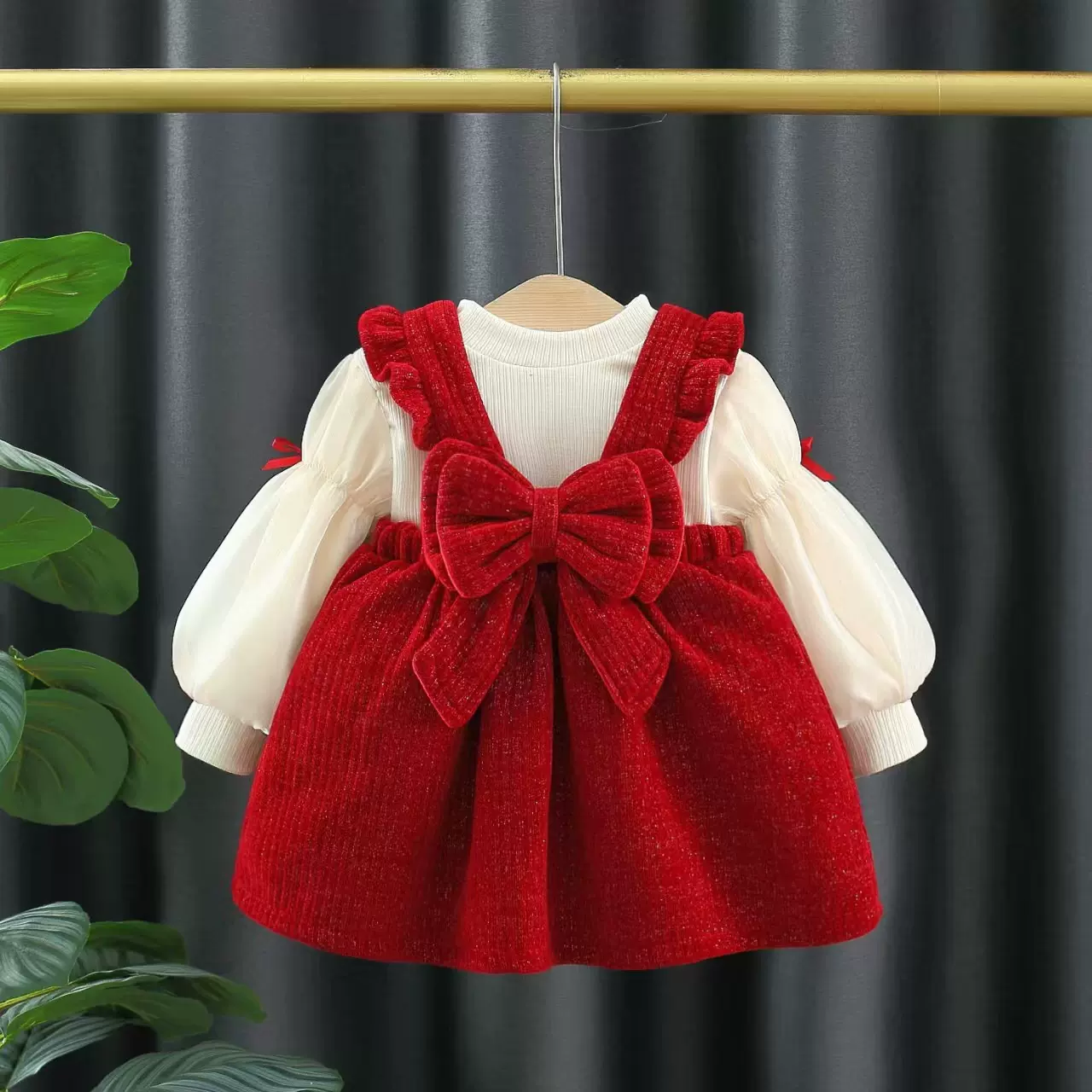 女童加厚红色连衣裙秋冬新款女宝宝过年喜庆加绒拜年服儿童公主裙
