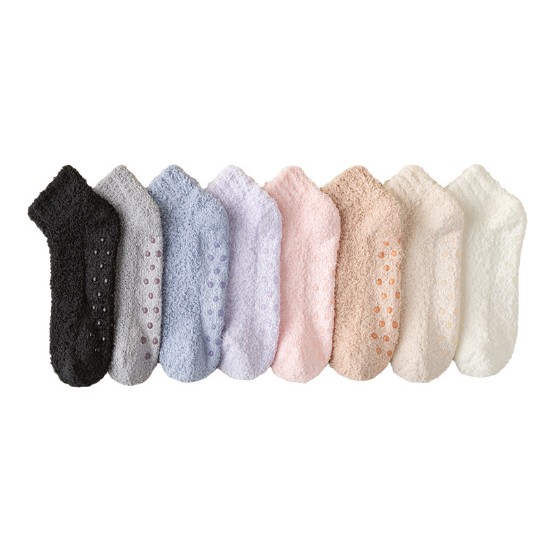 Unisex non slip glued boat socks for women winter thick floor socks solid color slippers socks coral fleece home socks_maomaolike.com