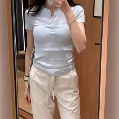 LUの正しいバージョン！ホールドタイト同スタイルレディーススリムフィットモーダル半袖ヘンリーネックTシャツトップス女性用