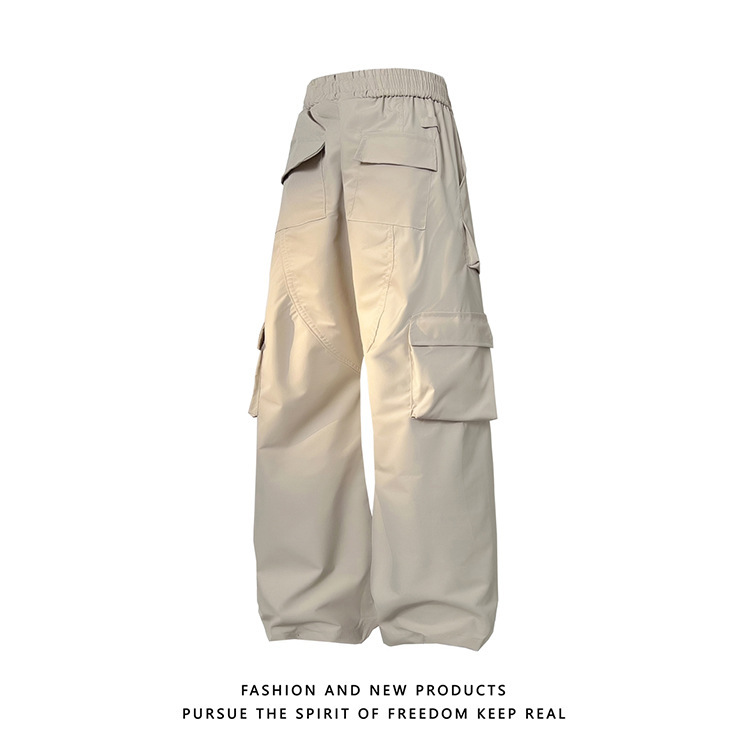 Autumn Japanese-Style Solid Color Multi-Pocket Cargo Pants for Men, Trendy Loose Wide-Leg Versatile Straight-Leg Casual Pants, Loose and Slimming