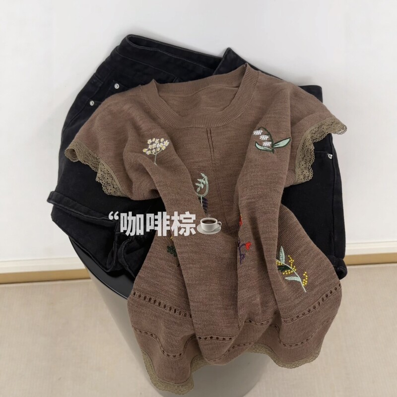 Korean-Style Embroidered Knitted Short-Sleeved Women's Summer New Style Round-Neck Patchwork Gentle Style Versatile Top