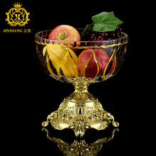 金像 跨境热卖五金高脚描金果盘家用客厅创意水晶玻璃果斗批发