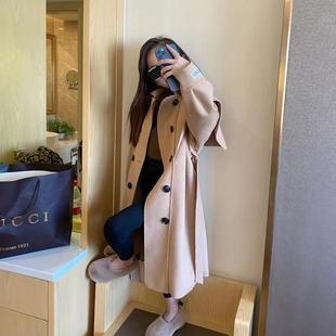 Girls' Imitation Double-Sided Cashmere Coat Trendy Autumn and Winter New Korean Style Mid-length Double-breasted Large Lapel Coat with Tight Waist