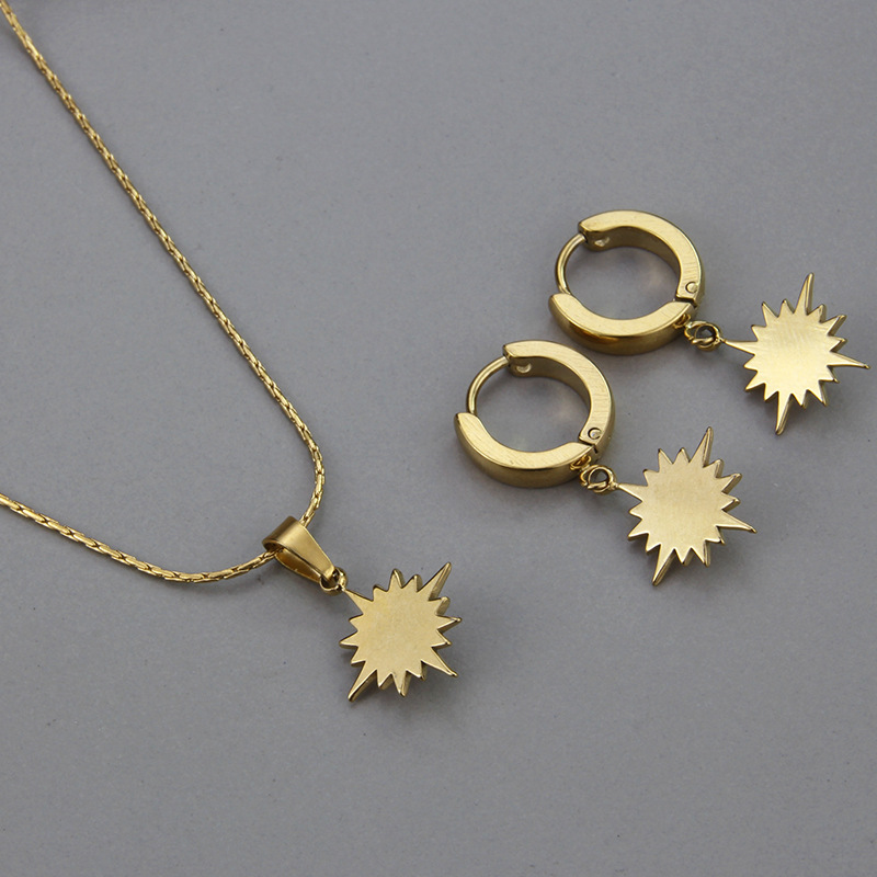 Retro Natural Stone Titanium Steel Color Eight Awn Star Necklace Earrings multicolors