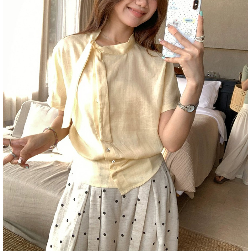 Gentle Factor~Korean-Style Elegant Fluttering Collar Shirt for Women, Summer, Petite Size, Simple Waist-Cinching Blouse Gentle Factor~Korean-Style Elegant Fluttering Collar Shirt for Women, Summer, Petite Size, Simple Waist-Cinching Blouse
