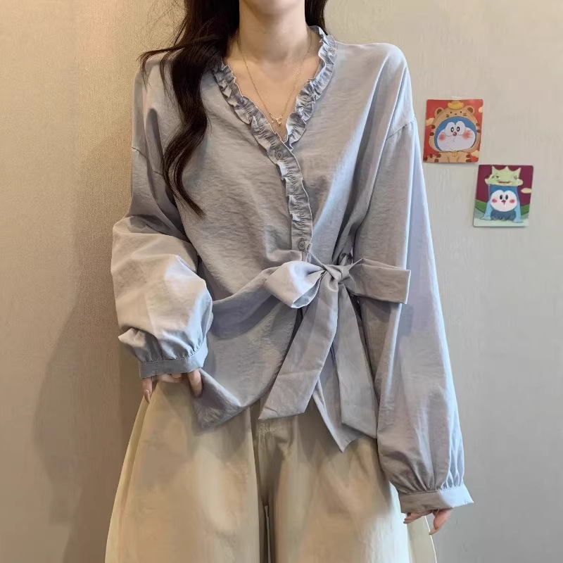 French-Style V-Neck Blue Long-Sleeve Shirt for Women, Autumn Plus-Size, Flattering Waist, Tummy-Concealing, Stylish Top