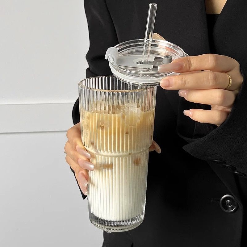 新款竖纹吸管玻璃杯竖条纹大容量竹节带盖带吸管夏季冷饮水杯子|undefined