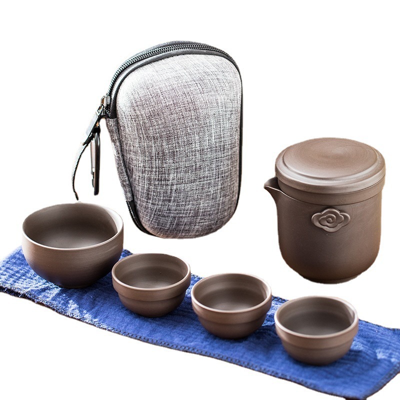 Juego de té de viaje una olla cuatro tazas taza Express portátil taza de té de arena púrpura para una persona que viaja con coche