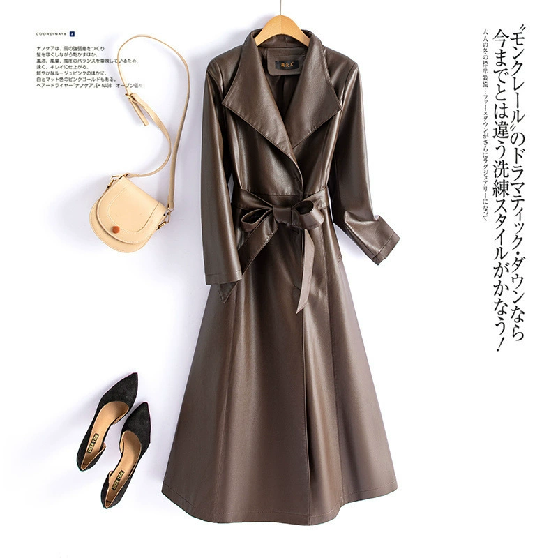 Haining кожаная кожаная женская длинная кожаная ветровка пальто весной и осенью овчинное пальто тонкая талия плюс размер лацкана