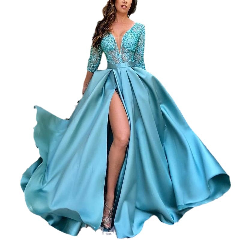 Vestido largo de noche con cola, de encaje y lentejuelas, estilo europeo y americano, para exportación, moda femenina primavera/verano 2025, ideal para banquetes. image 7