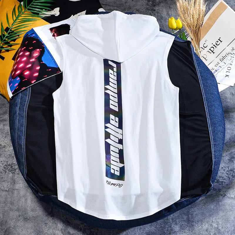 T-shirt senza maniche in cotone di cotone Xinjiang a fiocco lungo gilet maschile marea marca laser riflettente con cappuccio sciolto taglie forti T-shirt marea_voghion.com