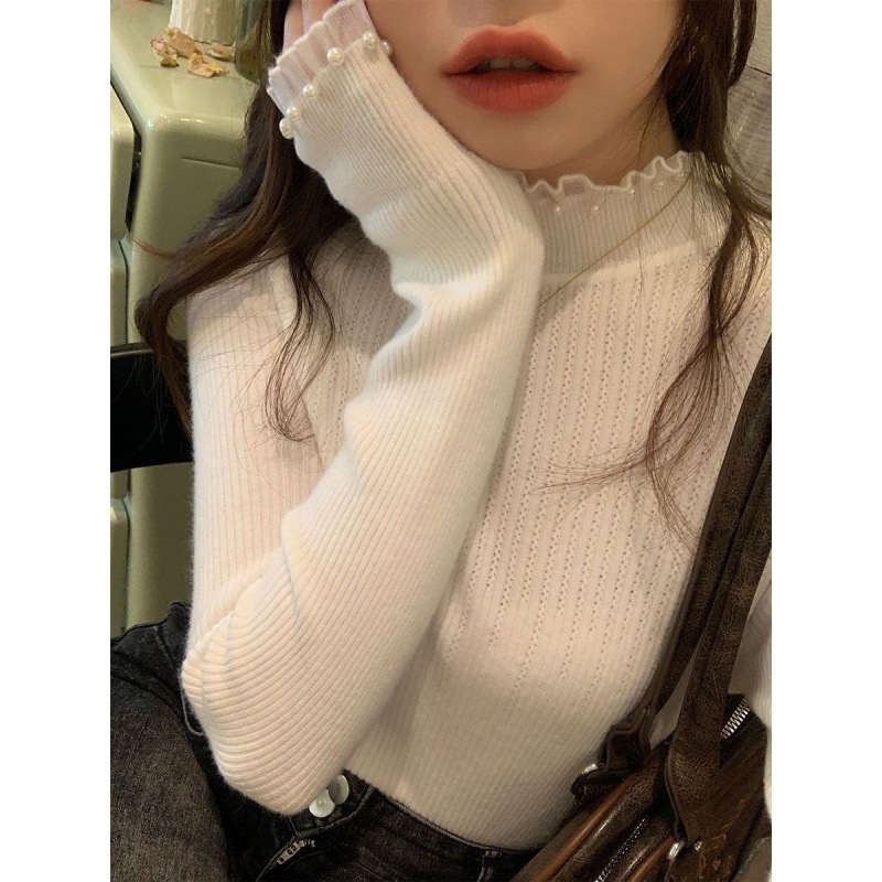 新中国式小真珠半高襟セーター秋冬デザイン感修身レースの底のシャツの女性の中にニットの長袖を掛けます。