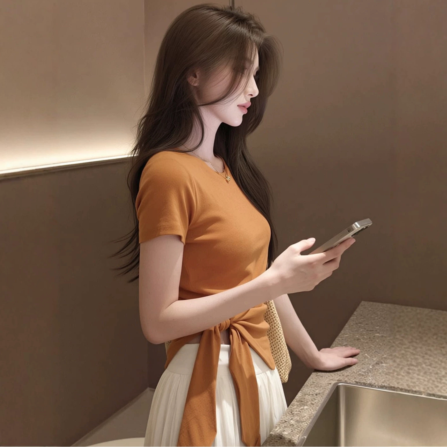 Áo thun nữ cổ tròn tay ngắn phối dây buộc eo không đối xứng — màu sắc chi tiết 1