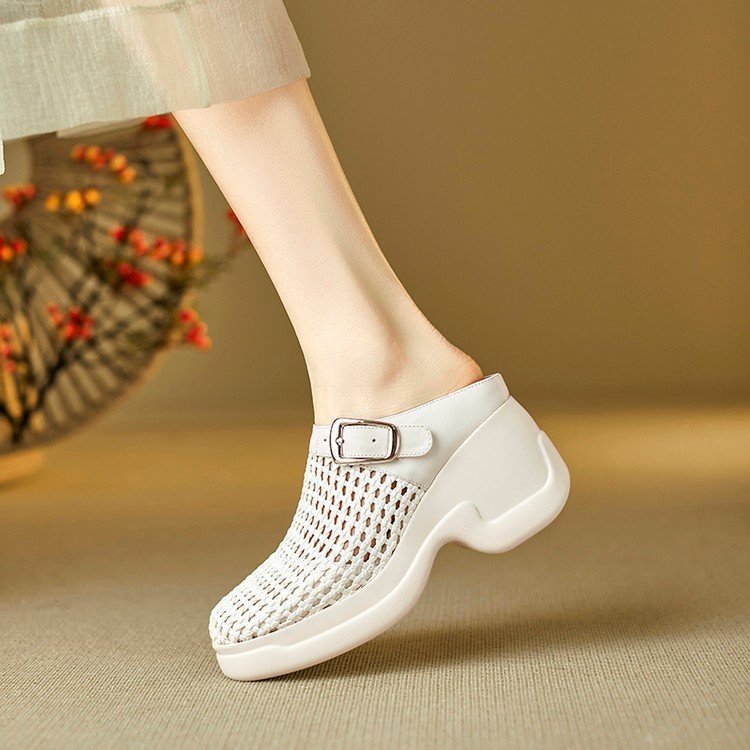 Woven mule made of sheepskin leather platform wedge heel