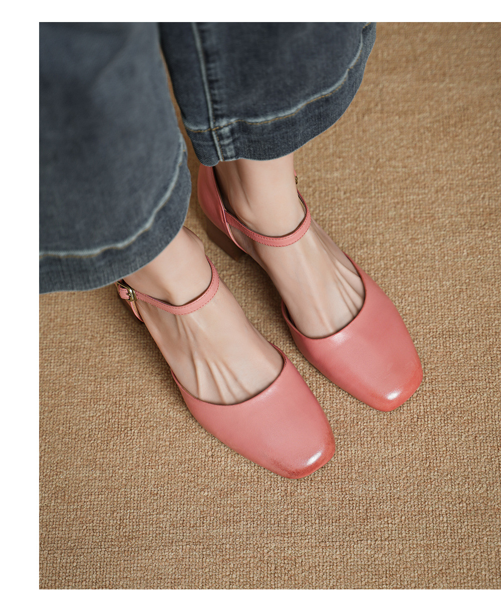 Giày sandal cao gót nữ quai ngang mũi vuông gót 6 cm — Màu hồng chi tiết 7