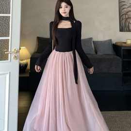 大码法式富家千金长袖连衣裙女秋冬收腰垂感纱裙胖MM遮肚显瘦裙子