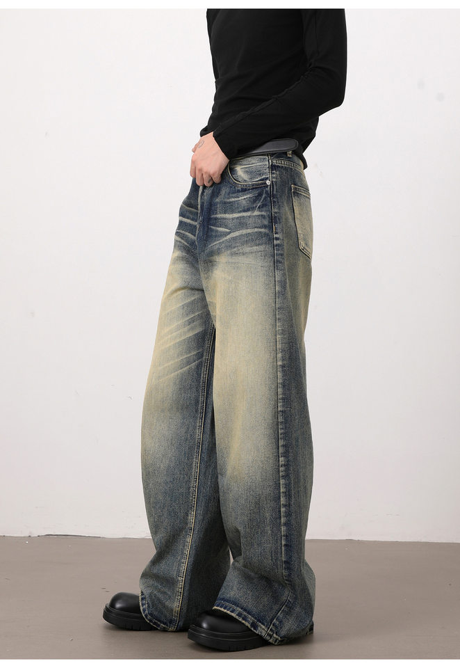 Quần jeans nam dáng rộng ống đứng phong cách retro Mỹ, giặt mài làm cũ — Màu xanh dương chi tiết 22