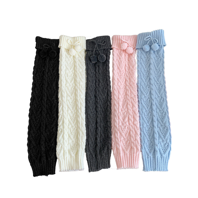 Scaldamuscoli Calzini di cotone e lana per donna, lavorati a maglia, caldi e spessi, leggings con palline di pelo carine, stile giapponese, lunghi sopra il ginocchio_voghion.com