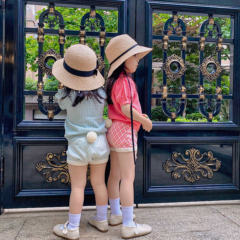 现货 女童镂空薄款针织套装夏季新款可爱兔尾巴短款两件套