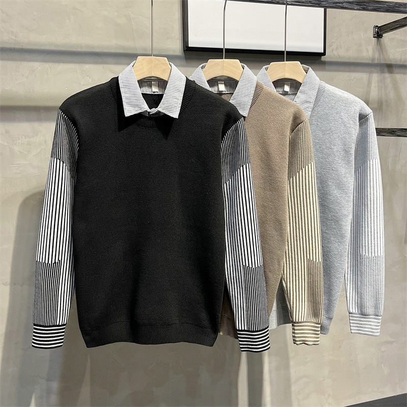 Clearance Price Autumn and Winter Base Layer Fake Two-Piece Shirt Collar Long-Sleeve Sweater Men's Slim-Fit Student Knitwear Factory Direct Sale