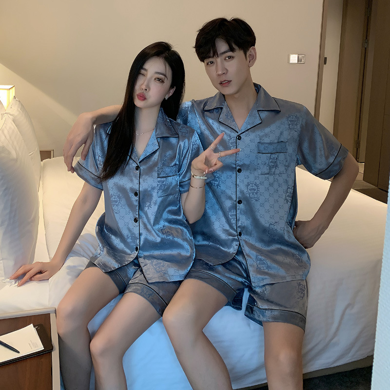 Pijamas de mujer de verano de seda de hielo de manga corta delgada de seda real de alto grado pata de gallo desgaste del hogar traje de hombre