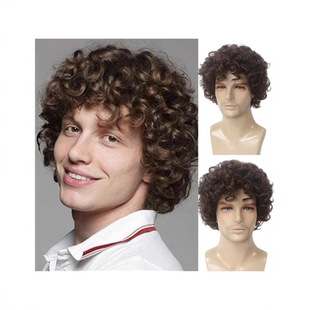 New Brown Fluffy European and American Men's Wig Full Headgear Export Handsome High Temperature Silk Artificial Wig Wholesale Wigs