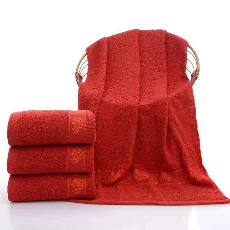 大红蘑菇浴巾白蘑菇浴巾纯棉浴巾吸水丧事喜事专用送礼浴巾70*140