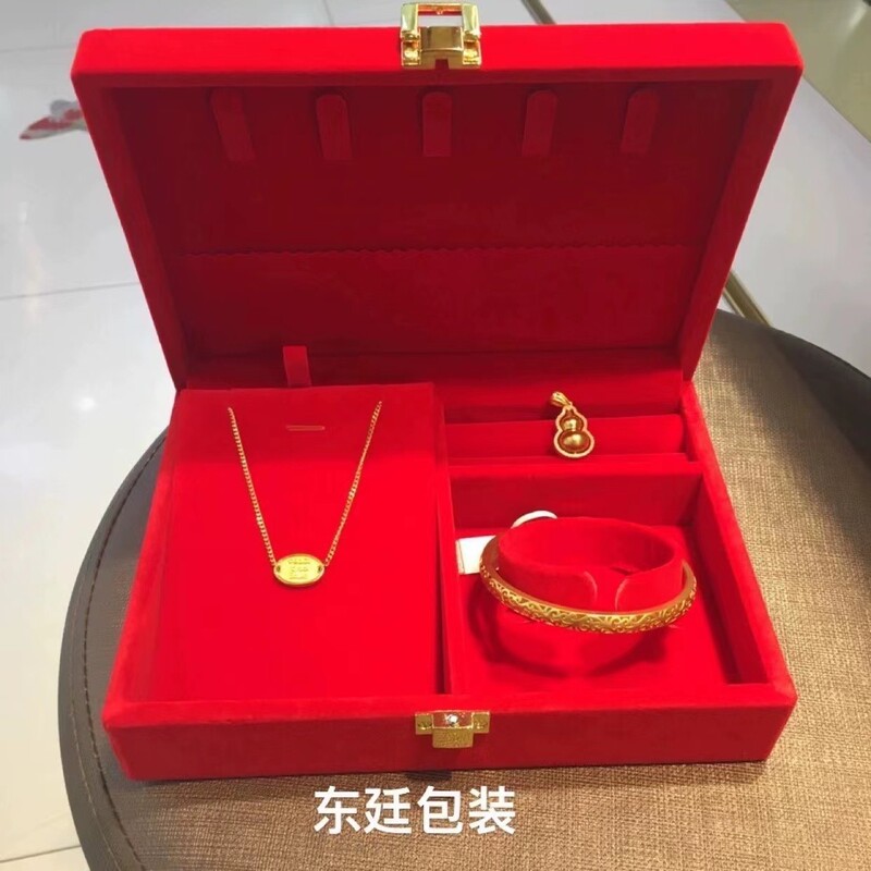 Satin Embroider Red Wedding Gold Ring Necklace Bracelet Jewelry Three Gold Box Packaging Gift Box