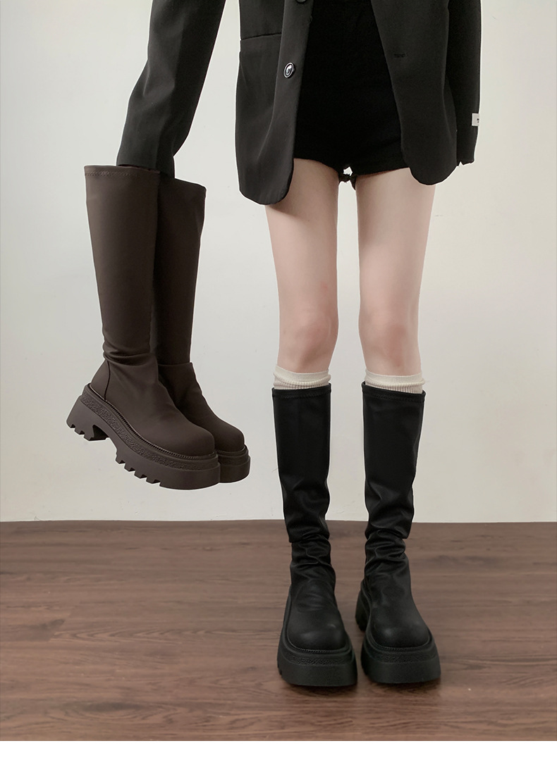 Black Knee-high Platform Boots For Women Thick Soled Knight Style_voghion.com