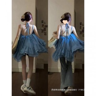 早秋甜美純欲風吊帶裙上衣寬松蓬蓬褶皺短裙套裝新中式國風連衣裙