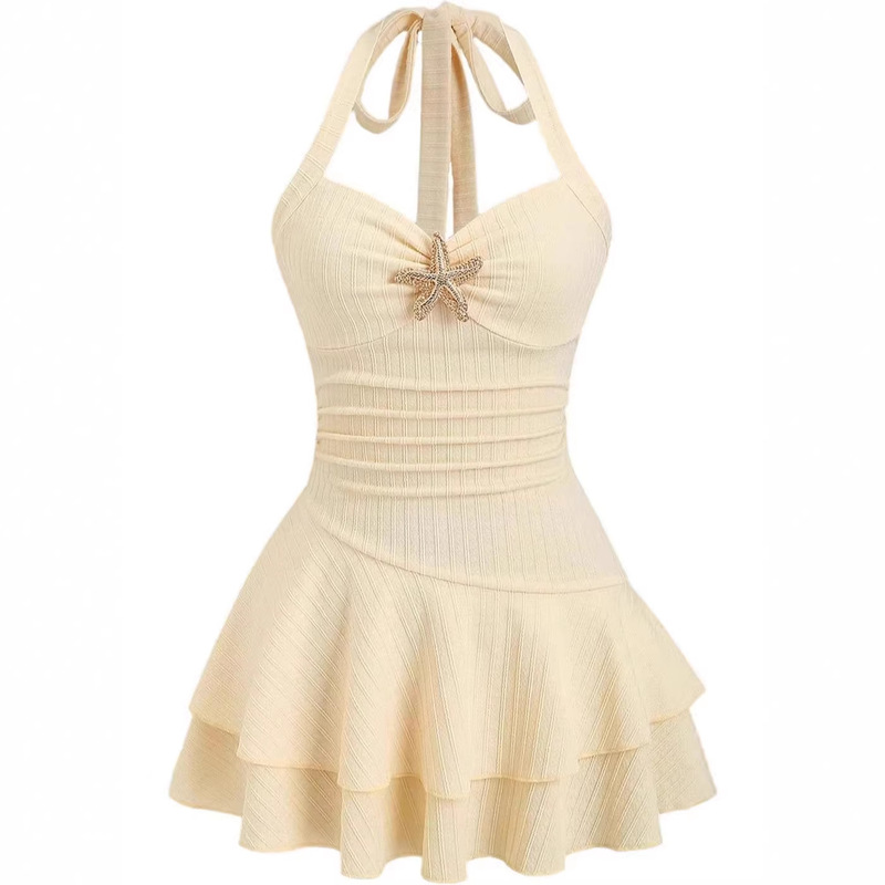 Women's Elegant Textured Fabric Halter Neck Tie, Ruched Bust, Metal Embellished Mini Dress
