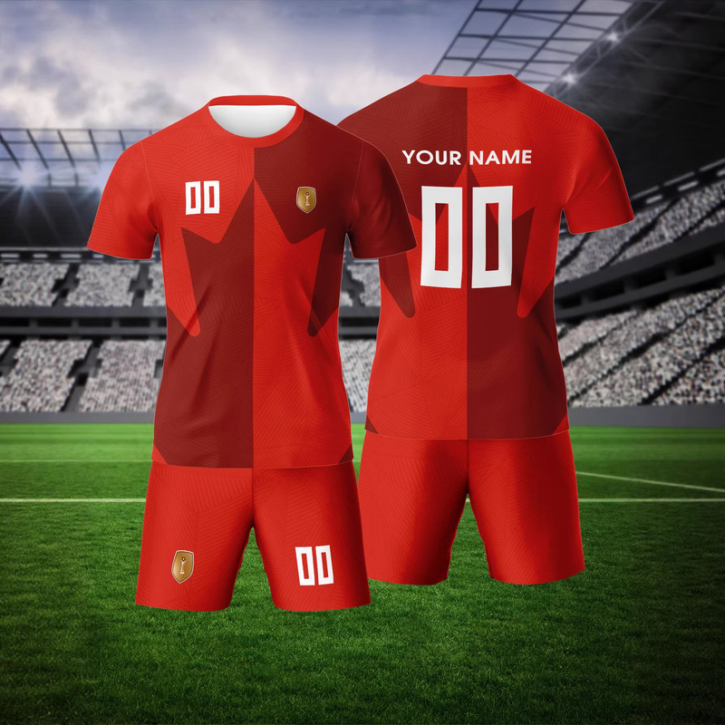 Dynamic Red Football Set, Deep Red and Light Red Two-Tone, World Cup Champion Badge, Team Casual Sportswear, Cross-Border