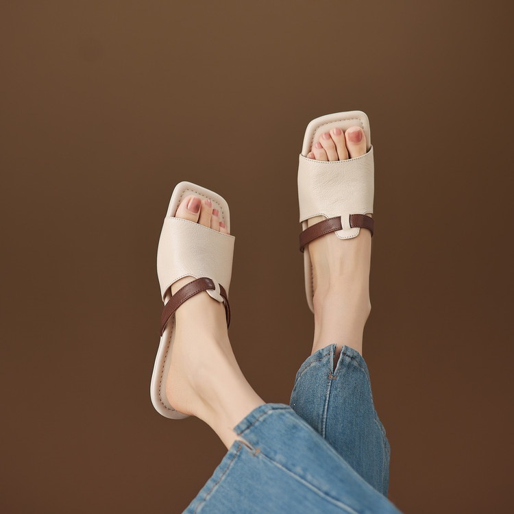 Dép sandal nữ xỏ ngón đế bệt phối màu hở mũi thời trang — màu trắng ngà, màu mơ chi tiết 71