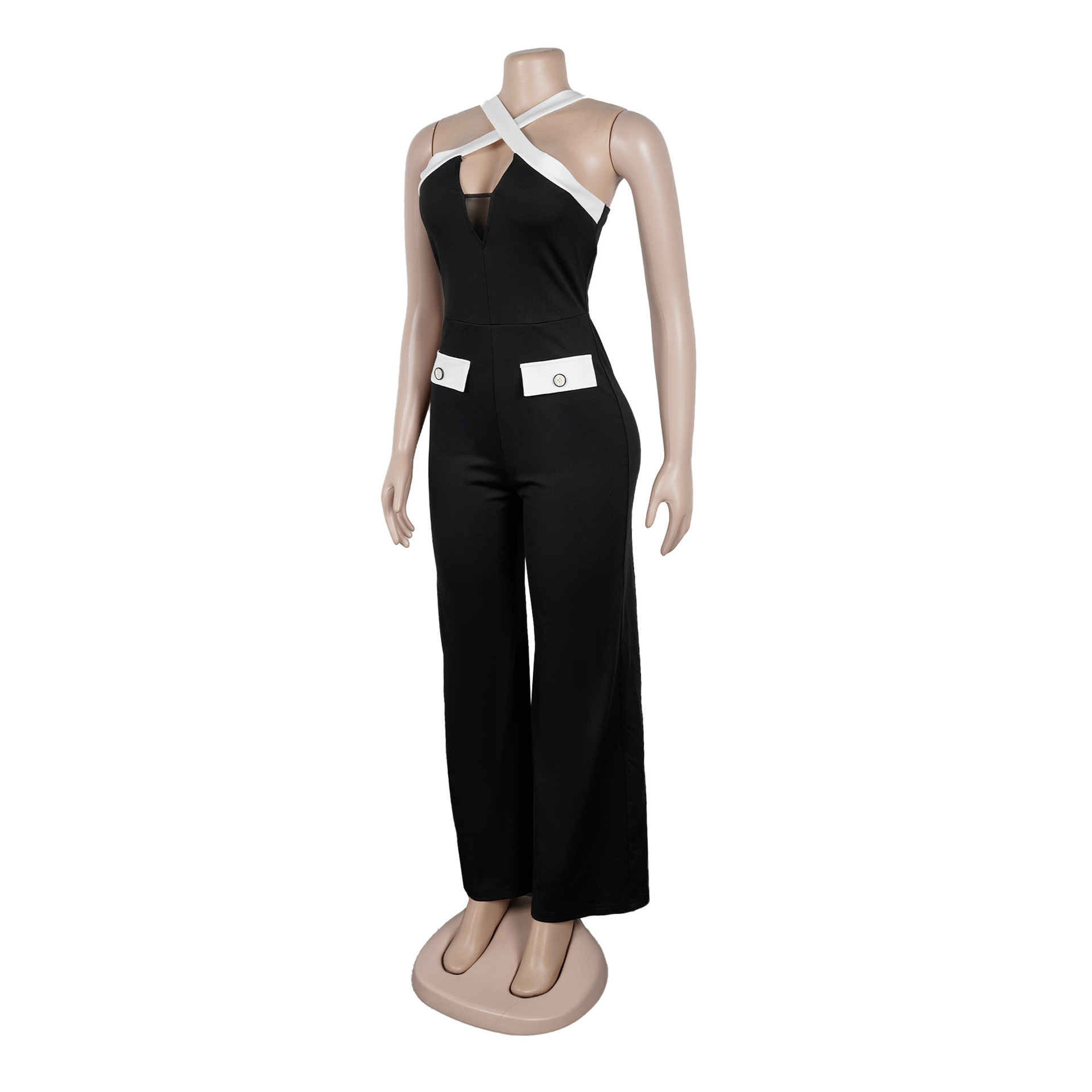 Elegant Women's Colour Block Jumpsuit Slim Fit Wide Leg Strappy_voghion.com