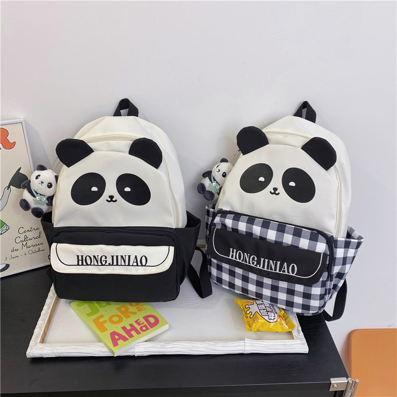 Nuevo cuadrícula universal mochila de chicas ociosas lindas caricaturas pandas mochila de escolares para estudiantes de secundaria primaria y secundaria