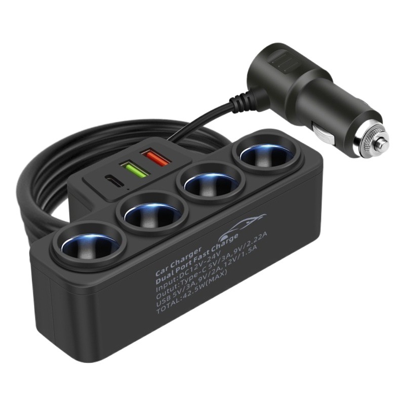 120W Car One-To-Four Cigarette Lighter Multi-Function Dual Usb+Typec Smart Fast Charging Car Mobile Phone Charger