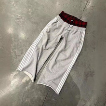 美式休闲运动裤侧边三条杆拼接格子舒适宽松阔腿直筒卫裤街潮