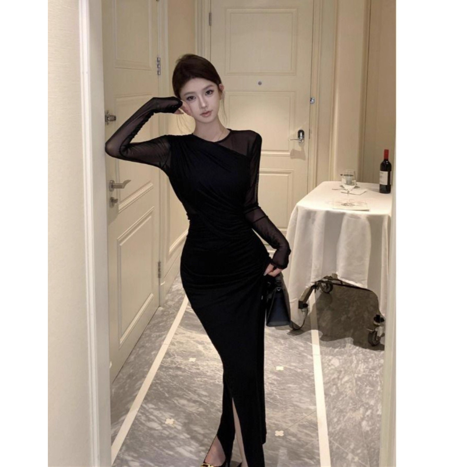 Retro Sexy Royal Sister Black Temperament Mesh Knitted Dress Women's Autumn Waist And Thin Long-sleeved Hip-wrapped Dress_ecoleips.com