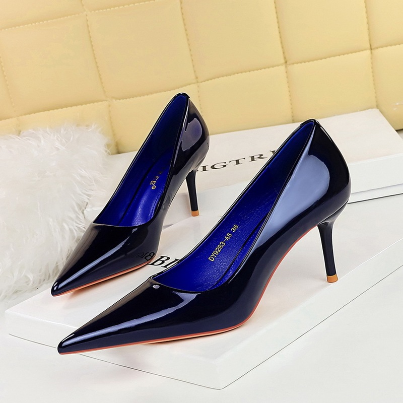9283-A5 European and American Style Simple Patent Leather High Heels Women's Shoes Stiletto Shallow Mouth Pointed Toe Versatile Work Clothing High-Heeled Shoes