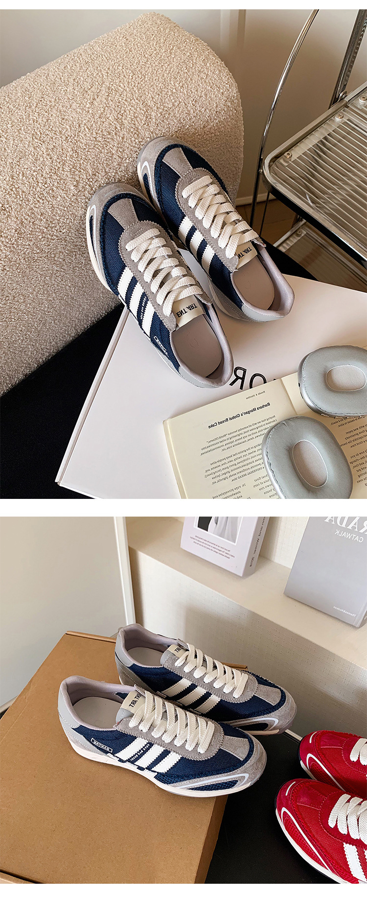 Giày sneaker nữ đế dày phong cách retro cổ điển, tăng chiều cao nhẹ, thoáng khí — xanh lam, màu đỏ chi tiết 10