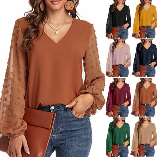 European and American fashion hot item: V-neck chiffon patchwork long-sleeved chiffon shirt with large fur balls