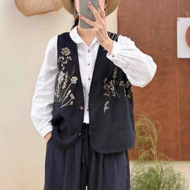 亚麻刺绣衬衫女 2026春新款文艺宽松V领纯色短款马甲上衣