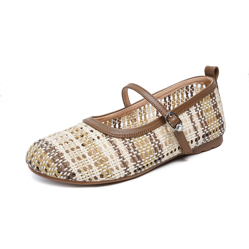 Sandal Mary Jane nữ quai ngang đan thoáng, mũi tròn, gót vuông ổn định, da thật — màu nâu