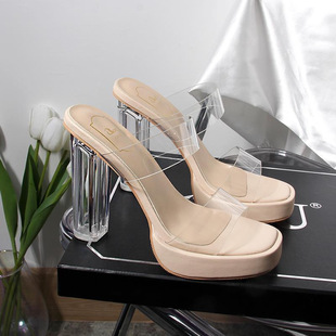 Stomp Feeling Thick Bottom Waterproof Platform Transparent High Heel Sandals Women's Summer Outer Wear Crystal Heel Thick Heel Sandals
