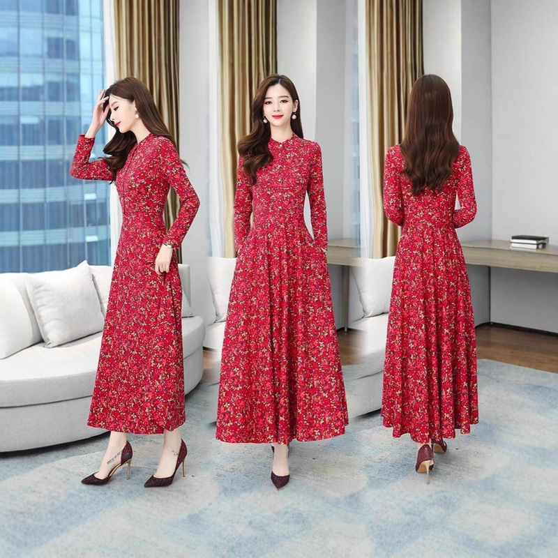 Plus-Size Long-Sleeve Dress, Red Floral, Slightly Stretchy, Soft, Waist-Cinching, Tummy-Concealing, Elegant, Flared Long Dress for Women, Autumn Plus-Size Long-Sleeve Dress, Red Floral, Slightly Stretchy, Soft, Waist-Cinching, Tummy-Concealing, Elegant, Flared Long Dress for Women, Autumn