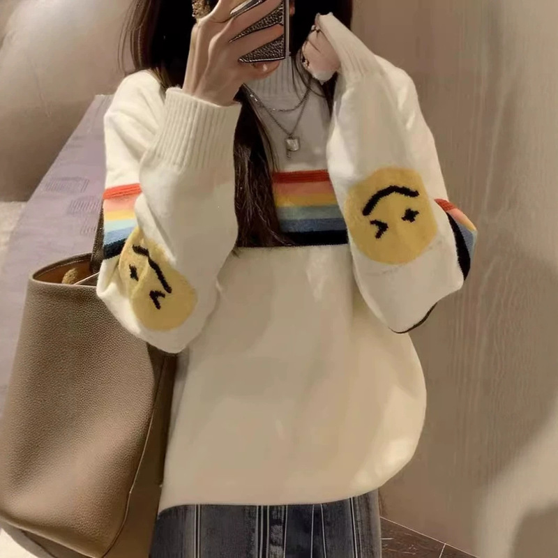 Korean-style colorful striped smiley face sweater for women, new autumn and winter collection, casual loose pullover round-neck knit top