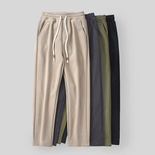 American style 450g heavy weight fleece-lined warm winter men's all-match straight trousers draping simple quality casual pants